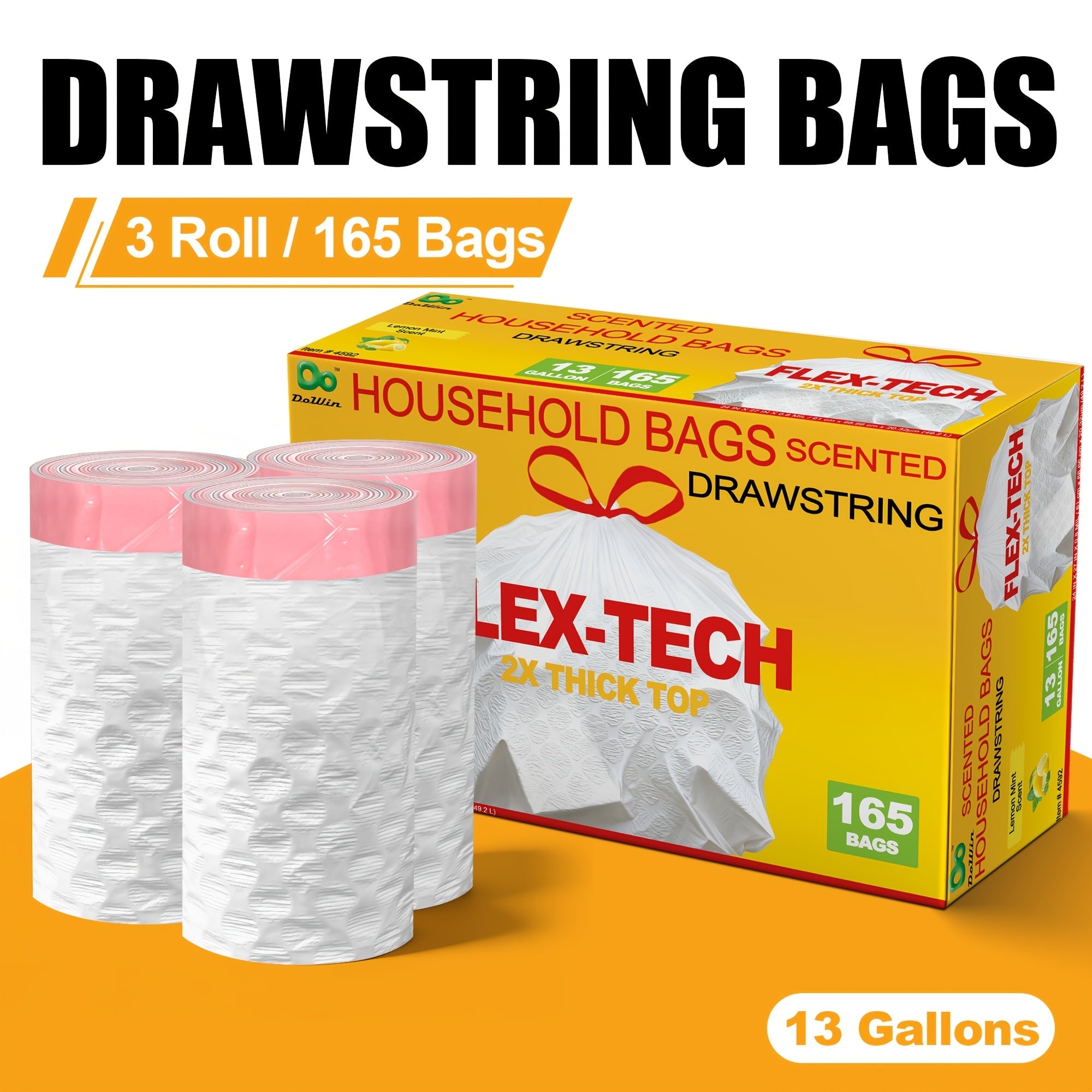 13 Gallon Trash Bags Drawstring Expandable Puncture Tear Resistant Leak-Proof Deodorizing Fresh Lemon Scent Super Durable Kitchen Garbage Bags for Kitchen Garden Large Trash Bins White 20 55 110 165 Count