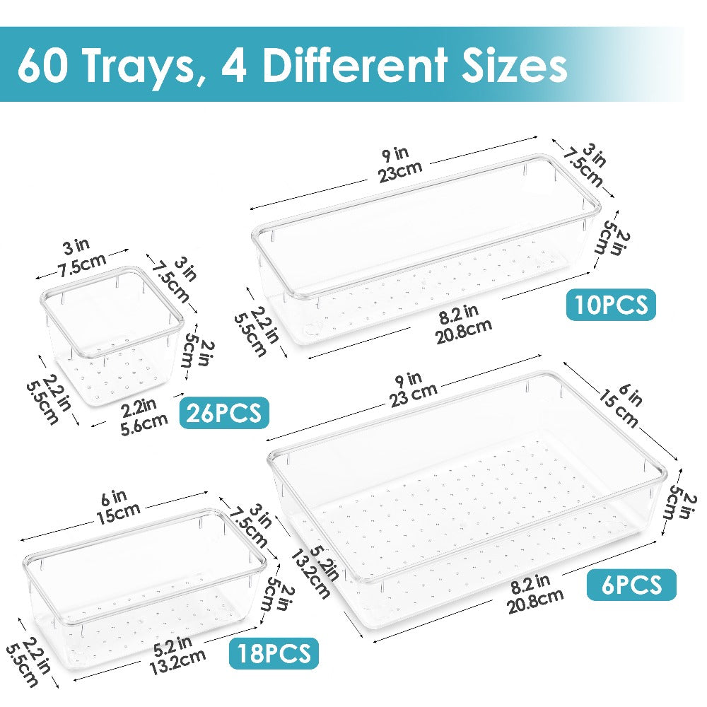 Clear Drawer Organizer Set 60pcs Plastic Storage Bins 4 Sizes for Desk Office Home Kitchen