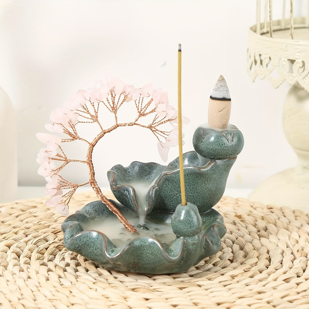 Backflow Incense Burner Crystal Money Tree Waterfall Smoke Incense Holder Ceramic Cone Stick Burner for Yoga Meditation Home Decor Altar Decoration