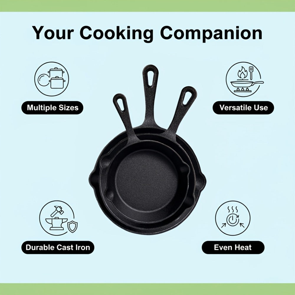 Cast Iron Skillet Set Uncoated Frying Pan with Drip Spout Heavy Duty Pre-Seasoned Cookware for Frying Stir-Frying Baking Stovetop Oven Safe 3 4 5 Piece