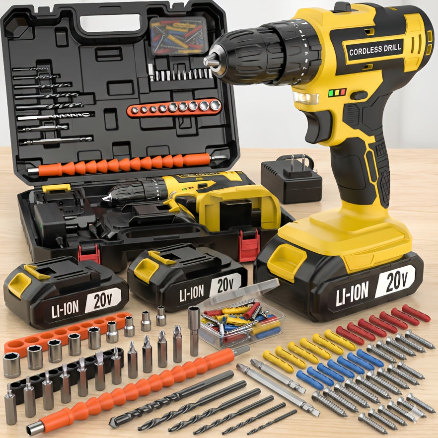 Cordless Drill Set 20V - Tegatok Impact Drill Kit with 45Nm Torque, 23-Speed Settings, LED Light, 2.0Ah Battery & Fast Charger, 58/136/145pcs Accessories for Home Renovation, Woodworking & Metal Drilling