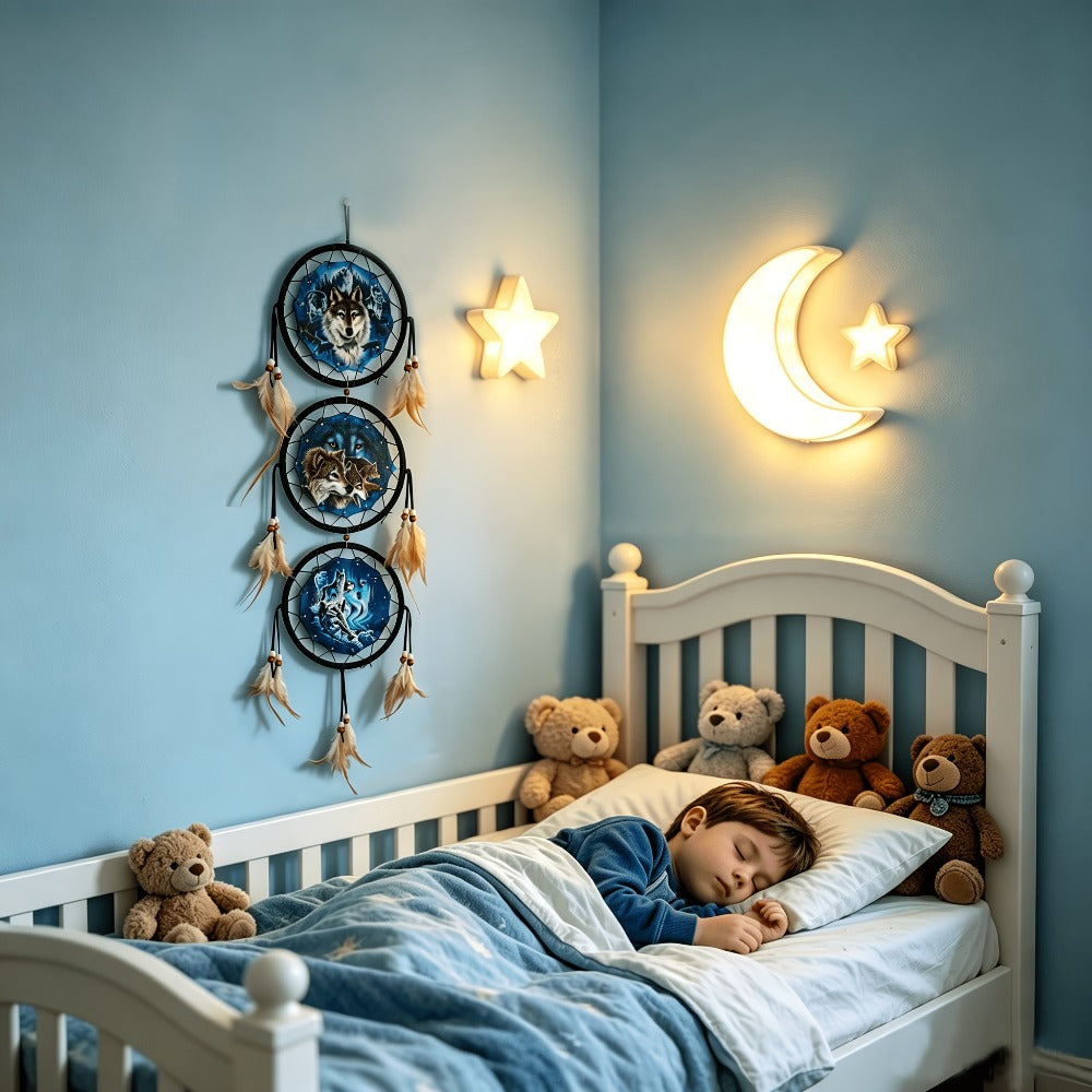 Dream Catcher Wall Decor Wolf Design Boho Bedroom Hanging Decoration ¨C 6 Inch 3-Circle Feather Dream Catcher for Boys Kids Room, Nursery, Halloween, Christmas & Holiday Gift