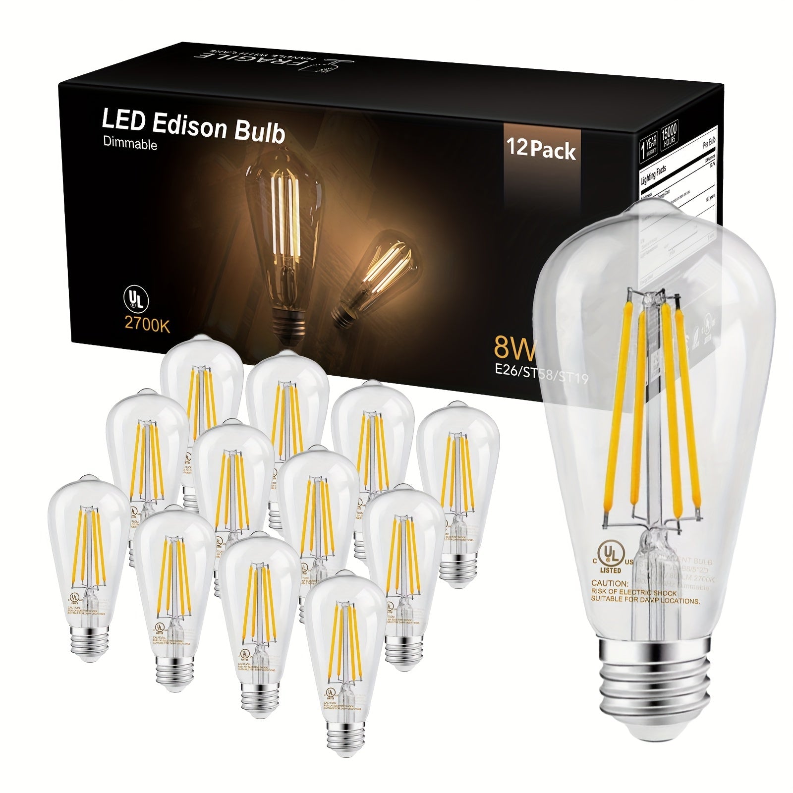 ST58 Vintage Edison LED Filament Bulb 8W 2700K Warm White Dimmable ¨C 60W Equivalent E26 Base Clear Glass Antique Style for Chandelier Pendant Bedroom Living Room Home Commercial, 12 & 24 Pack
