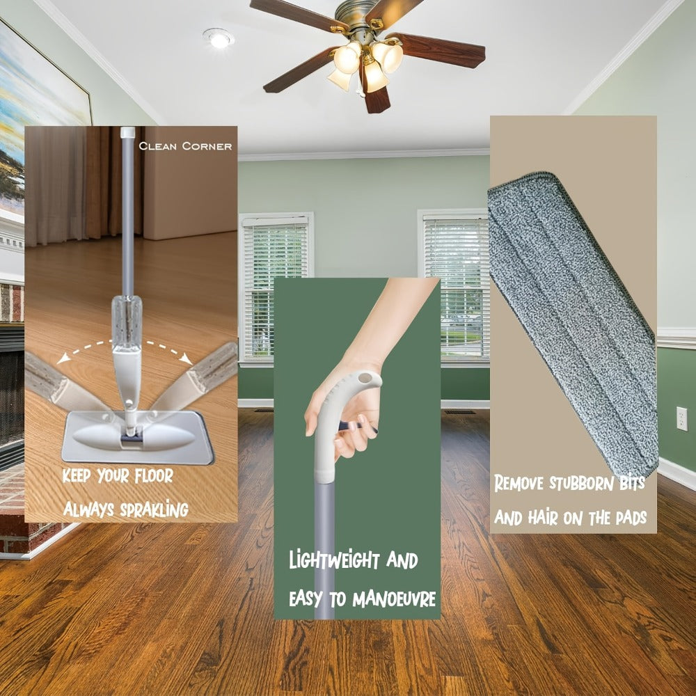 Spray Mop with 3 Washable Microfiber Carbon Fiber Pads Water Spraying Flat Mop Wet Dry Dual Use Floor Cleaning for Hardwood Laminate Tile Ceramic 4pc White