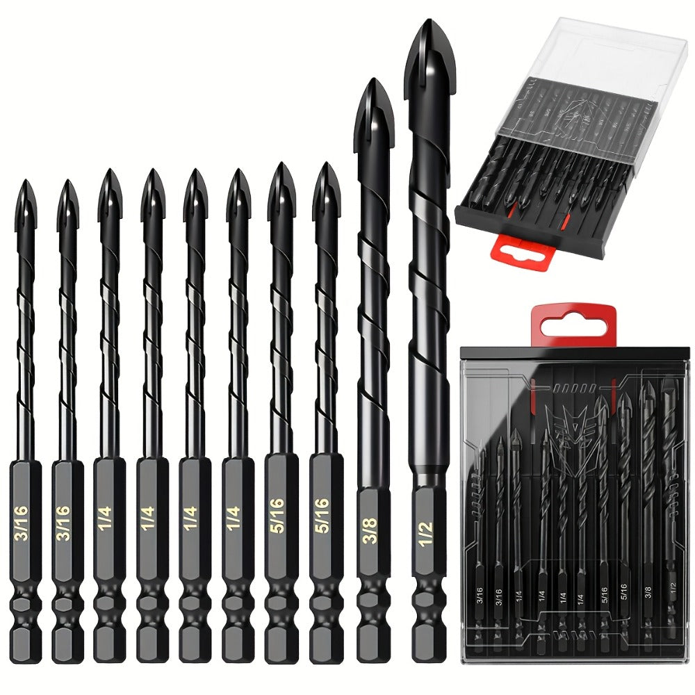 Masonry Drill Bits Set 10pcs ¨C Tungsten Carbide Tip Drill Bits for Tile, Brick, Glass, Ceramic, Concrete, Plastic & Wood | Multi-Material Heavy-Duty Drill Bit Kit for Home Improvement & DIY Projects
