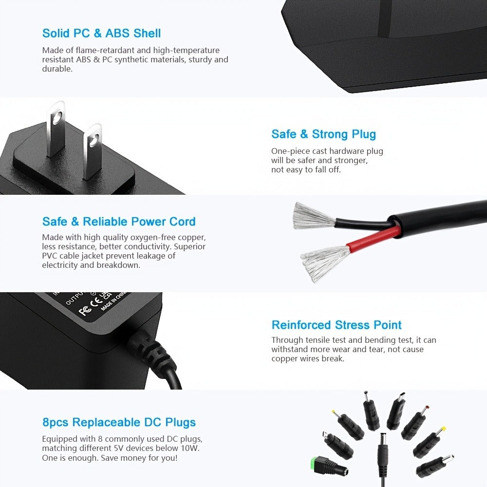 Universal 5V 2A Power Adapter 9-in-1 with 8 Tips - AC/DC 10W Power Supply Type-C Micro-USB Barrel Connectors for Router CCTV LED Strip TV Box