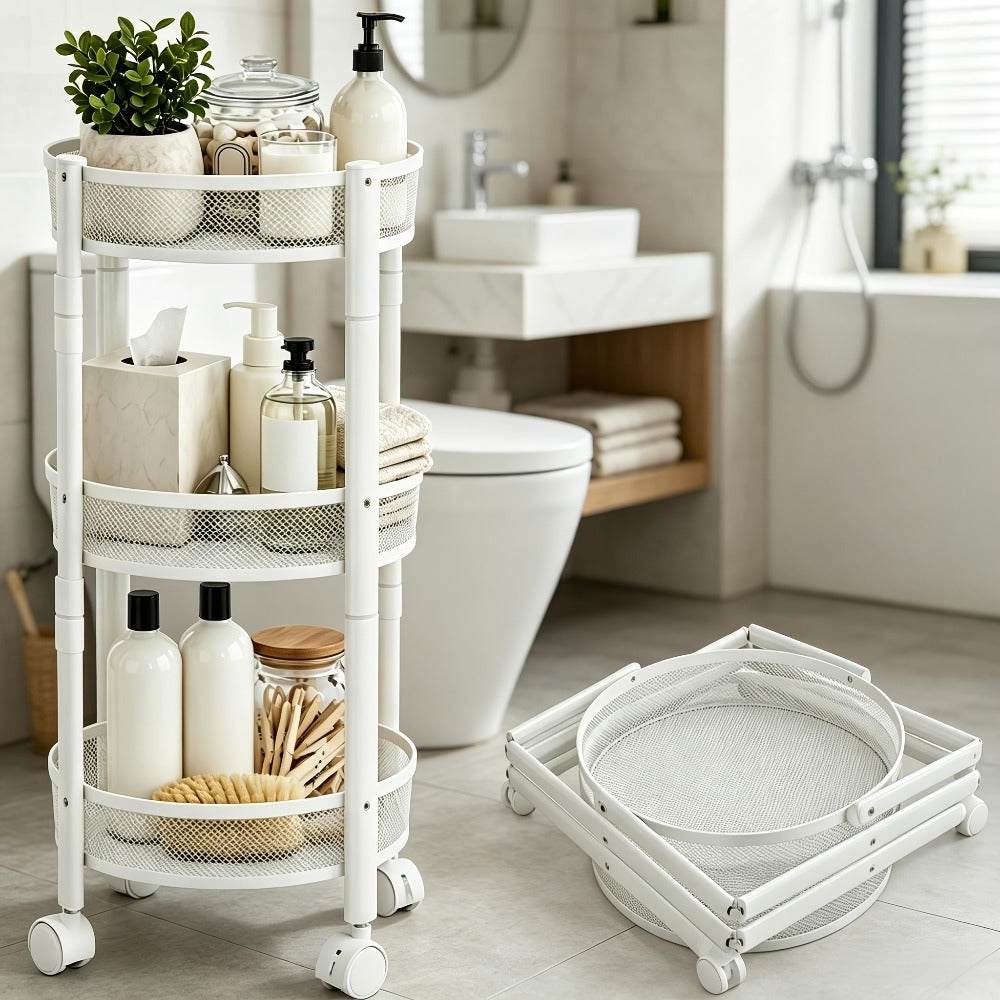 Rolling Storage Cart with Wheels 5-Tier 360¡ã Rotating Kitchen Organizer Basket, No Assembly Space-Saving Floor Standing Bin for Kitchen Pantry Bathroom Bedroom Fruits Vegetables Home Organization