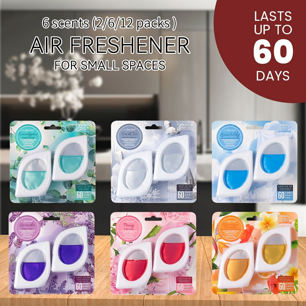 Air Freshener Odor Eliminator for Home Closet Bathroom Pets Small Space 0.25oz Up to 30 Days 6 Scents Eucalyptus Lavender Hawaiian Peach Black Ice Linens Sky 2 6 or 12 Pack