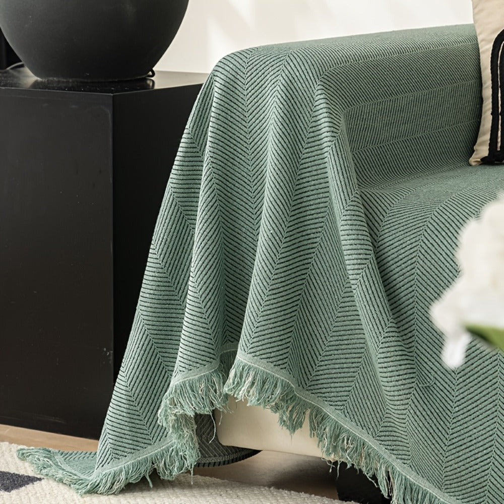 Herringbone Sofa Throw Cover with Tassels Jacquard Woven Solid Color Washable Polyester Sofa Blanket Slipcover for 3 4 Seater Couch Living Room - Grey Coffee Green Blue