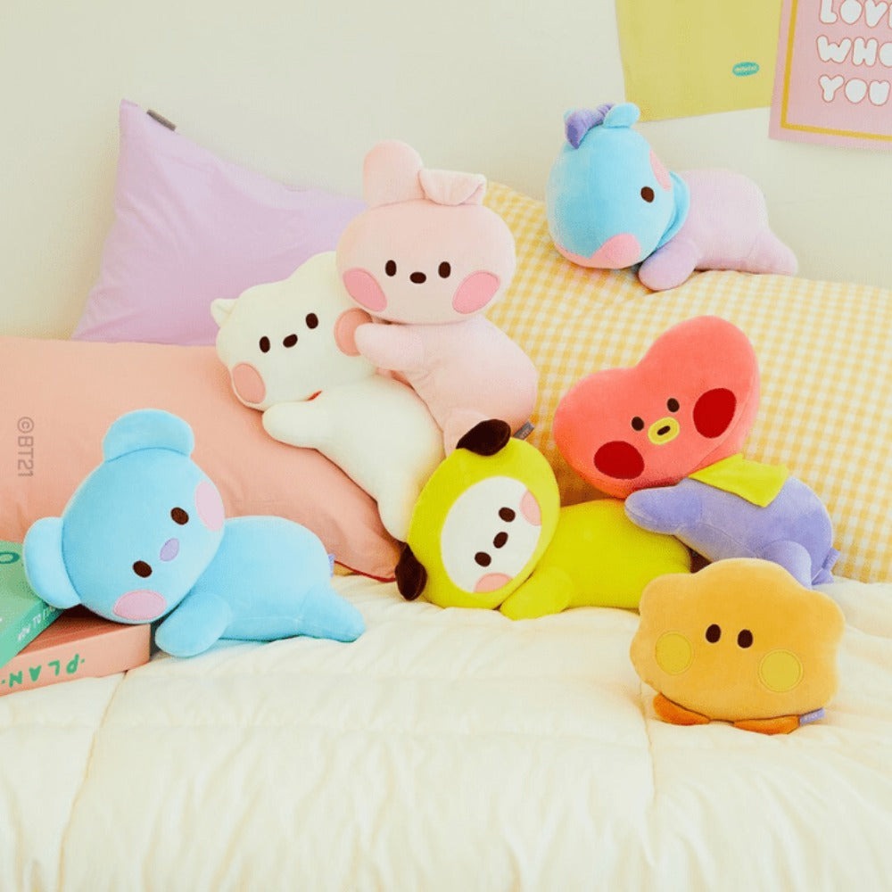 BT21 Minini Lying Cushion Official Plush Pillow Soft Stuffed Character Cushion for BTS ARMY Fans Collectible Kpop Merchandise Home Decor Gift Tata Chimmy RJ Cooky