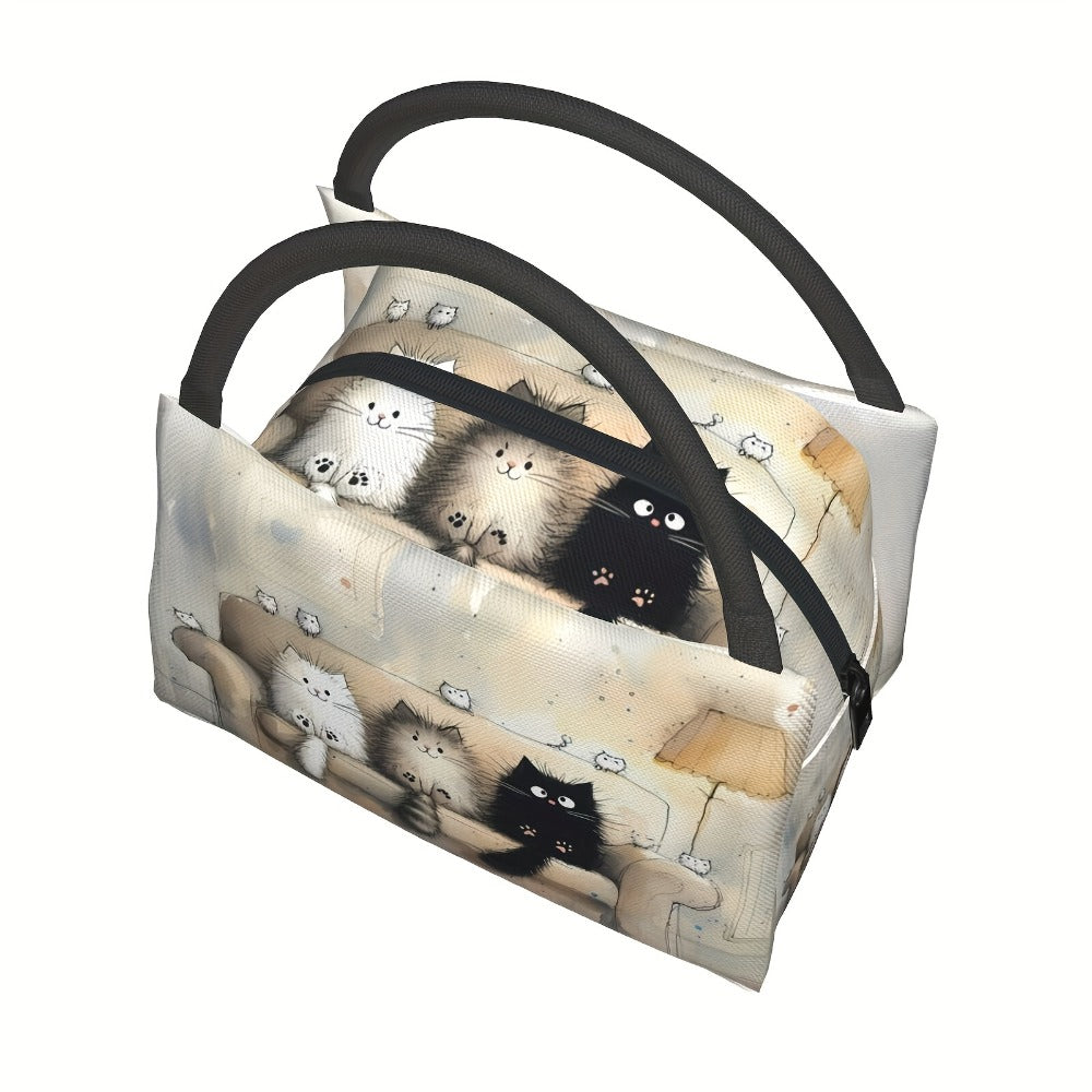 Insulated Lunch Bag with Cat Design - Reusable Polyester Lunch Tote for Women, Portable Cooler Bag for Work, Picnic, Hiking & Beach, Easy to Clean, Animal Print