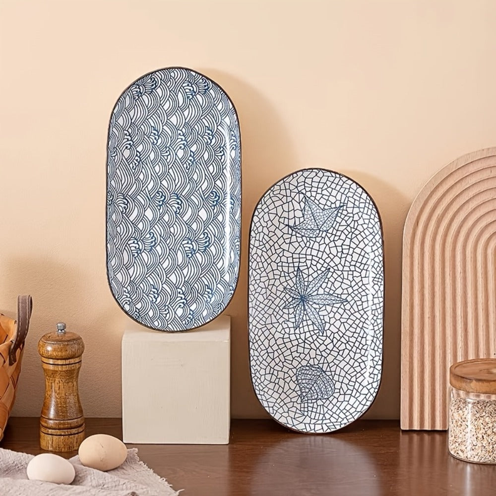 Japanese Blue White Porcelain Fish Plates Set of 4 ¨C 12 Inch Ceramic Serving Plates, Microwave & Oven Safe Steaming Baking Tableware