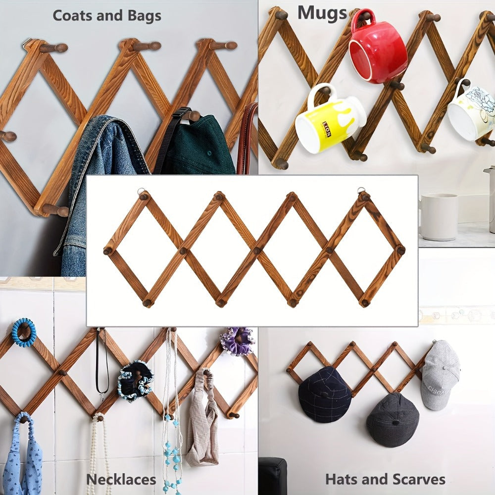 Wall Hat Rack Expandable Wood Accordion Hanger - 13 Hooks for Baseball Caps Coats Scarves Jewelry, Vintage Entryway Hallway Organizer
