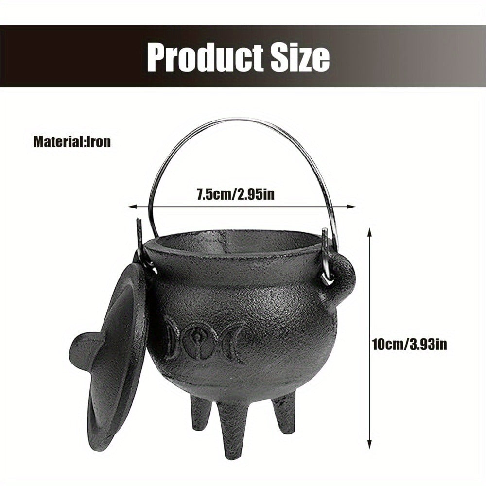 Cast Iron Cauldron with Lid & Handle ¨C Witchcraft Incense Burner, Spell Ritual Pot, Halloween Decor, Pentagram & Triple Moon Styles, Pagan Altar Cauldron