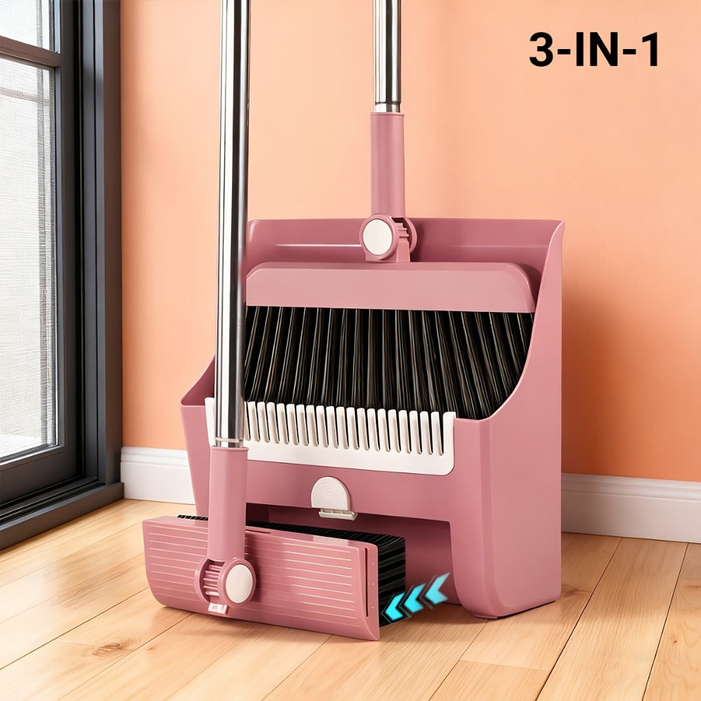 Broom and Dustpan Set 3-in-1 with Wiper - Non-Stick Hair Sweeper Household Floor Broom Combo for Indoor Outdoor Use - Ergonomic Handle Dustpan Broom Kit for Home Kitchen Office - White Pink Gray