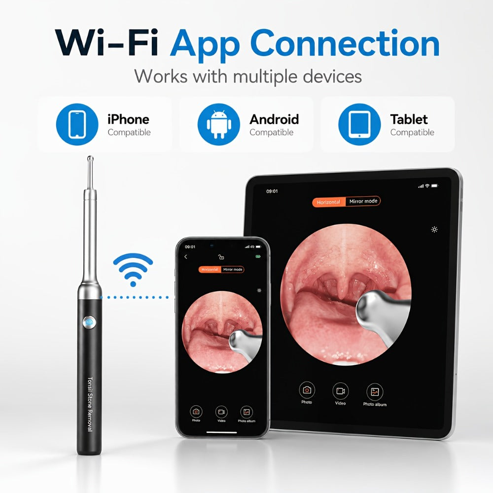 Tonsil Stone Remover with Camera - 1080P HD Visual Tonsil Stone Removal Tool with LED Light, 5-in-1 Stainless Steel Tips, Wi-Fi App Control, USB-C Rechargeable, Compatible with iOS & Android
