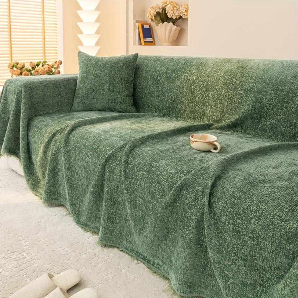 Chenille Sofa Cover with Fringe 300GSM - Super Soft Pet Friendly Solid Couch Slipcover for Single 2 4 Seater Living Room Decoration, 4 Colors