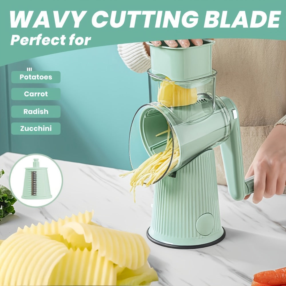 Rotary Cheese Grater with Interchangeable Blades ¨C 5-in-1 Manual Vegetable Slicer Shredder Set, Suction Cup Base, Easy to Clean, Multifunctional Kitchen Tool for Fruits, Vegetables & Nuts