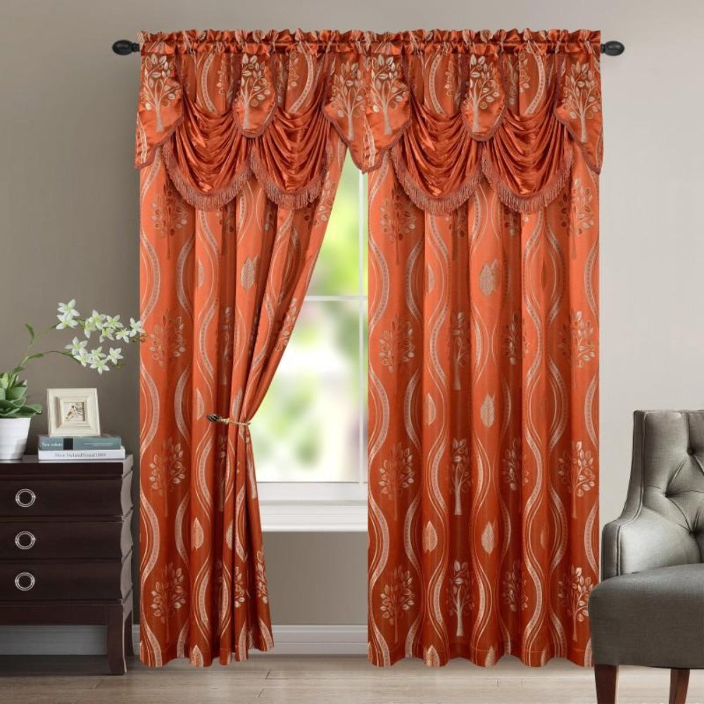 Blackout Curtains 2 Panels 54x84 Inch | Jacquard Room Darkening Rod Pocket Curtain Set with Attached Waterfall Valance | Machine Washable Window Drapes for Living Room Bedroom Home Office Study