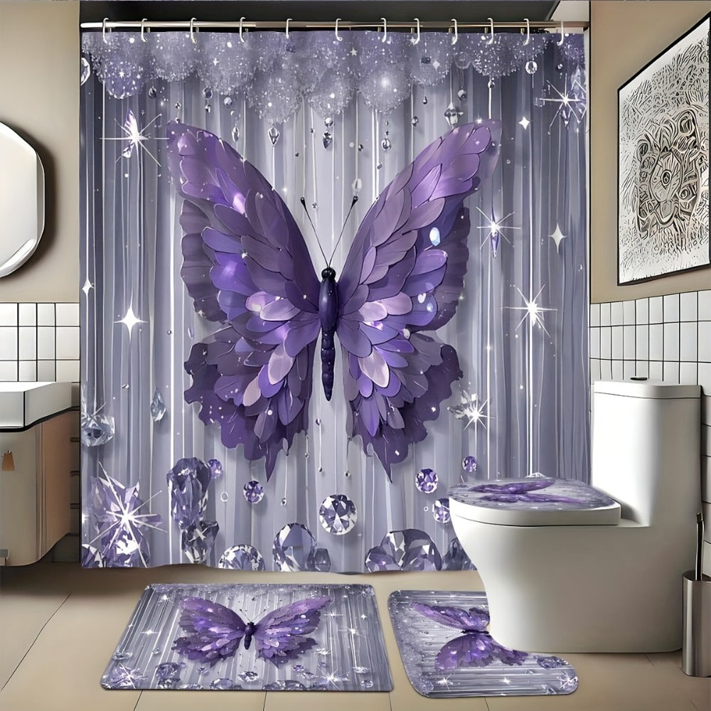 Shower Curtain Set Diamond Butterfly Print 70.8x70.8 Inch - 4 Piece Bathroom Set with U-Shape Toilet Seat Cover Non-Slip Rug 12 Hooks Machine Washable | Cyan Purple Pink | All Season Bathroom Decor