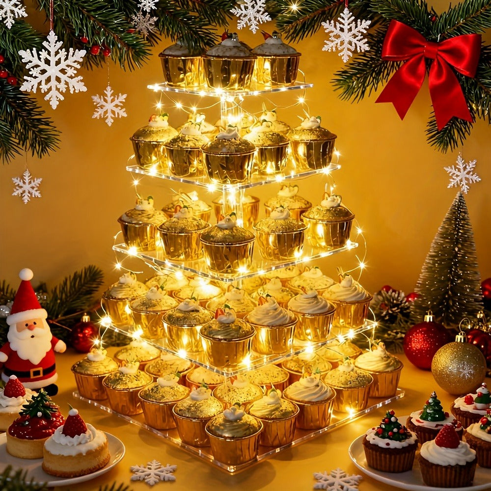 5-Tier Acrylic Cupcake Stand with LED String Lights ¨C Square Dessert Display Tower for 60 Cupcakes Birthday Wedding Baby Shower Tea Party Elegant Transparent Cake Display Rack Easy to Assemble
