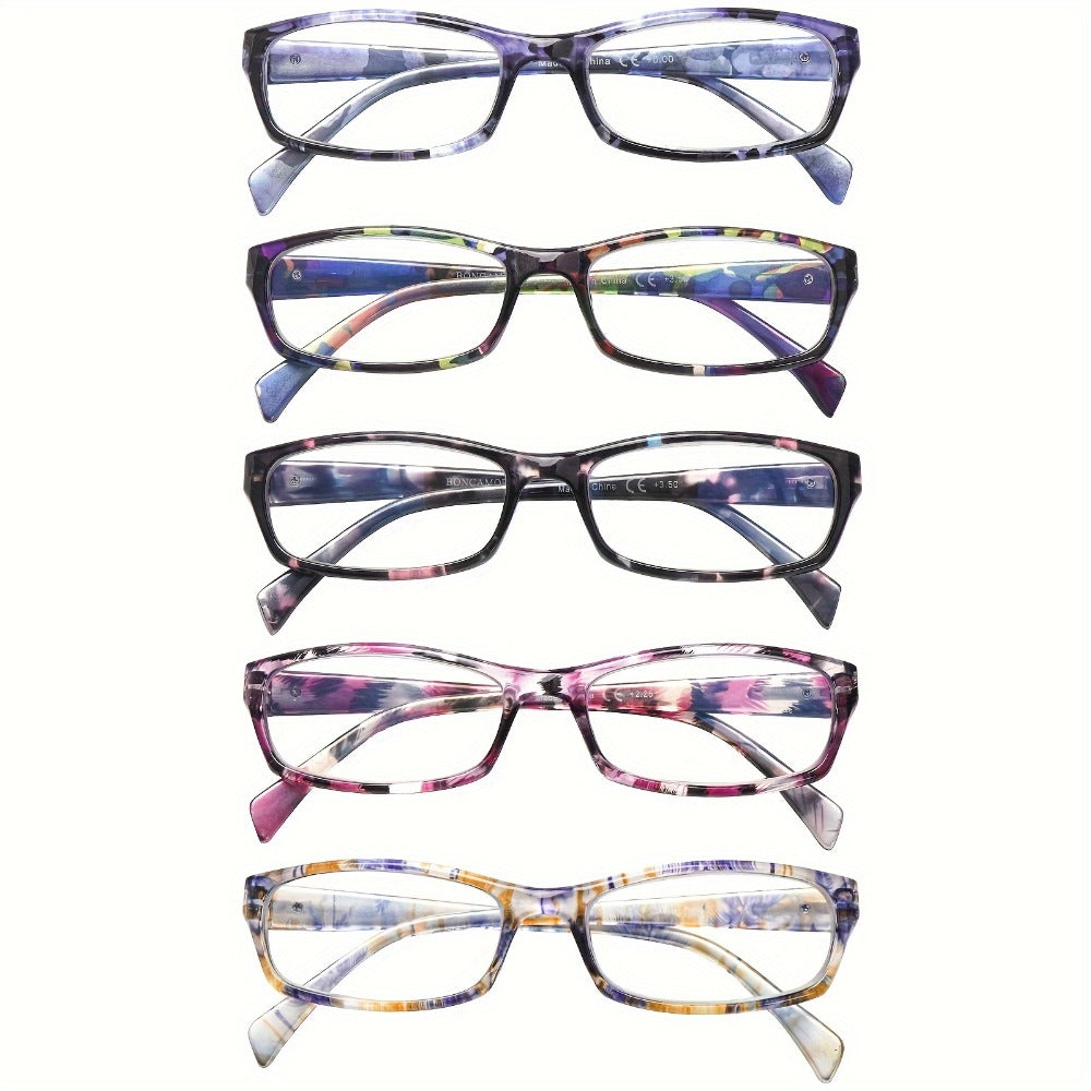Reading Glasses 5 Pack for Women and Men Blue Light Blocking Readers Rectangular Spring Hinge Frame Anti Eyestrain Computer Reading Glasses Lightweight Fashionable Multi-Color Set Magnification 1.0 to 4.0