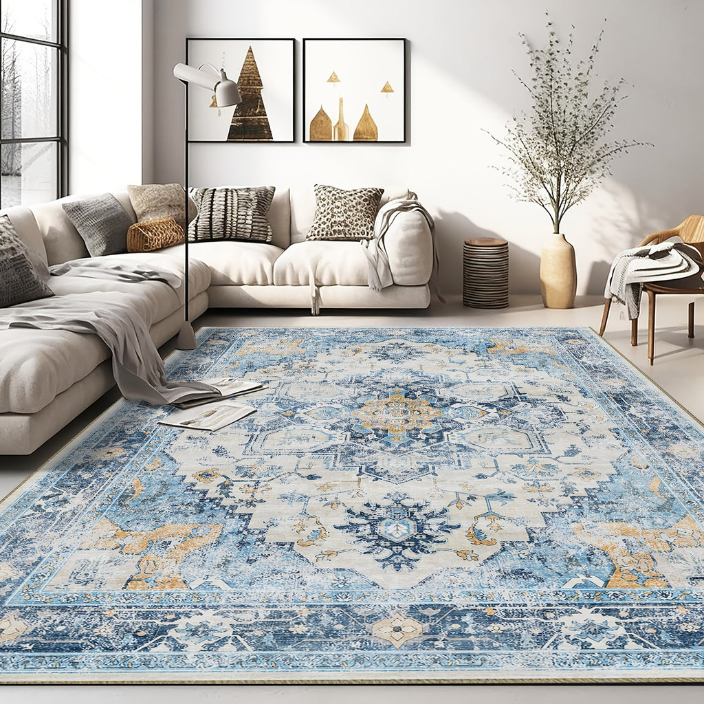 Moroccan Boho Area Rug Machine Washable Low Pile Soft Indoor Carpet for Living Room Bedroom Office Neutral Blue Brown Red Multi-Size