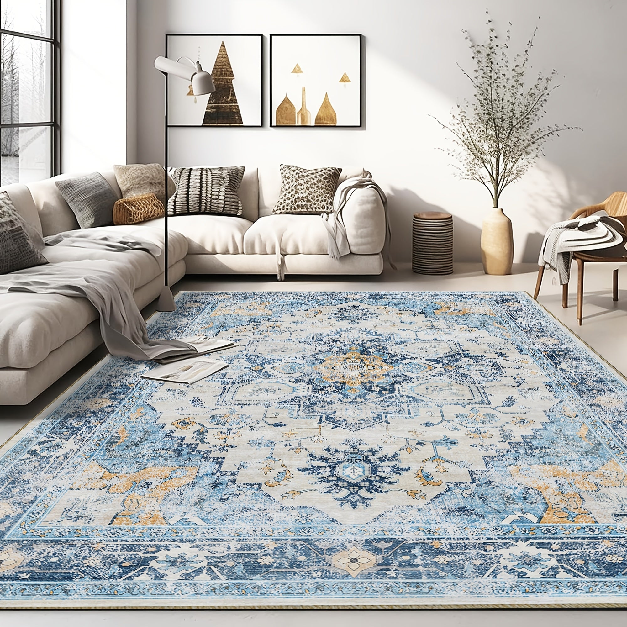 Moroccan Boho Area Rug Machine Washable Low Pile Soft Indoor Carpet for Living Room Bedroom Office Neutral Blue Brown Red Multi-Size