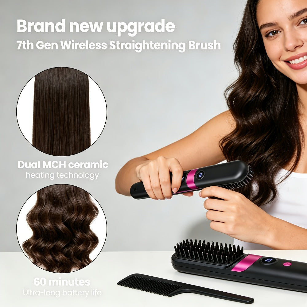 Wireless Hair Straightener Comb USB Rechargeable | Cordless Straightening Brush with Negative Ion, 3-Speed Temp Control, LED Display ¨C Travel Hair Styler