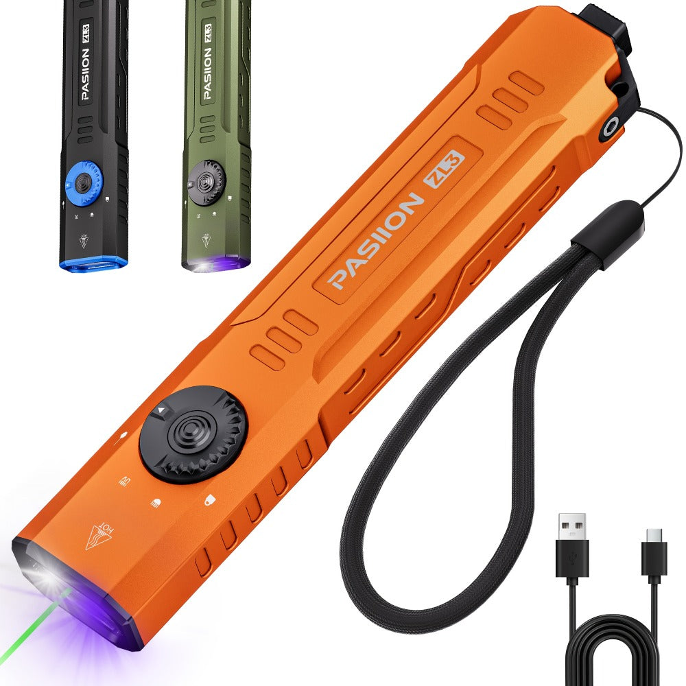 Tactical Flashlight Green Laser UV 3-in-1 | 1500 Lumen Slim EDC Multi-Function Light with White Light + UV365 Ultraviolet + Green Laser Beam | USB Rechargeable for Home Outdoor Daily Use
