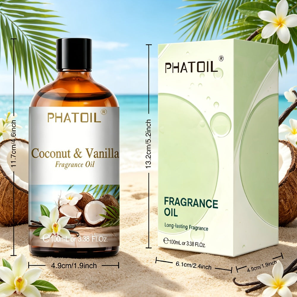 Fragrance Oil for Diffuser - PHATOIL 100ml Coconut & Vanilla Scented Oil for Humidifier, Candle Making, Soap, Aromatherapy, Reed Diffuser, Home & Office Air Freshener, Long Lasting Scent