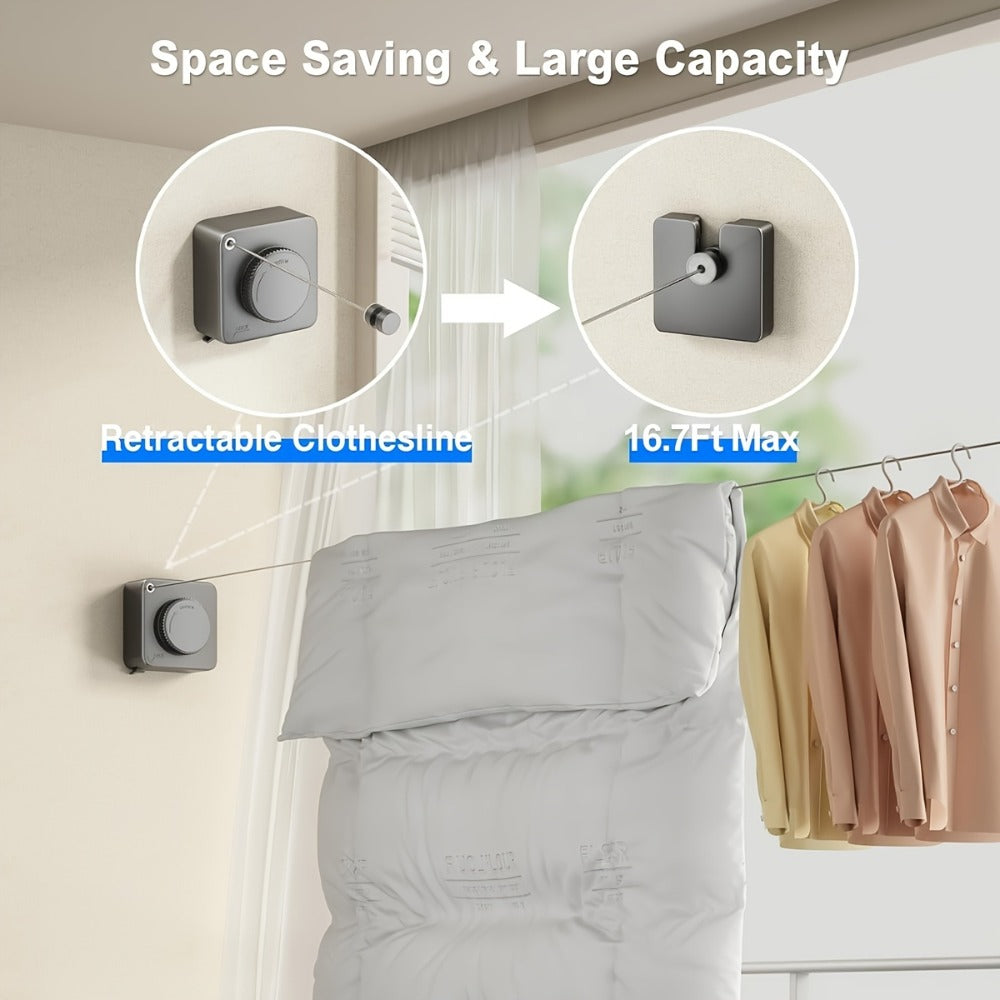 Retractable Clothesline Wall Mounted Stainless Steel Non-Sagging Indoor Outdoor Laundry Drying Line 15.1 Ft Heavy Duty
