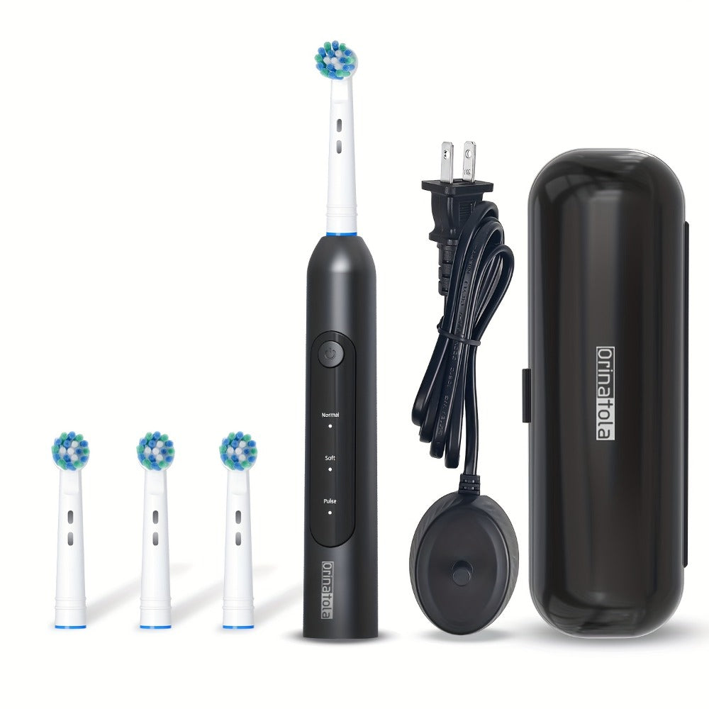 Electric Toothbrush with 3 Rotating Cleaning Modes - Induction Charging, 4 Replacement Brush Heads, Travel Case Included, Couples Toothbrush Set, Deep Plaque Removal, Holiday Gift, Black Purple Blue