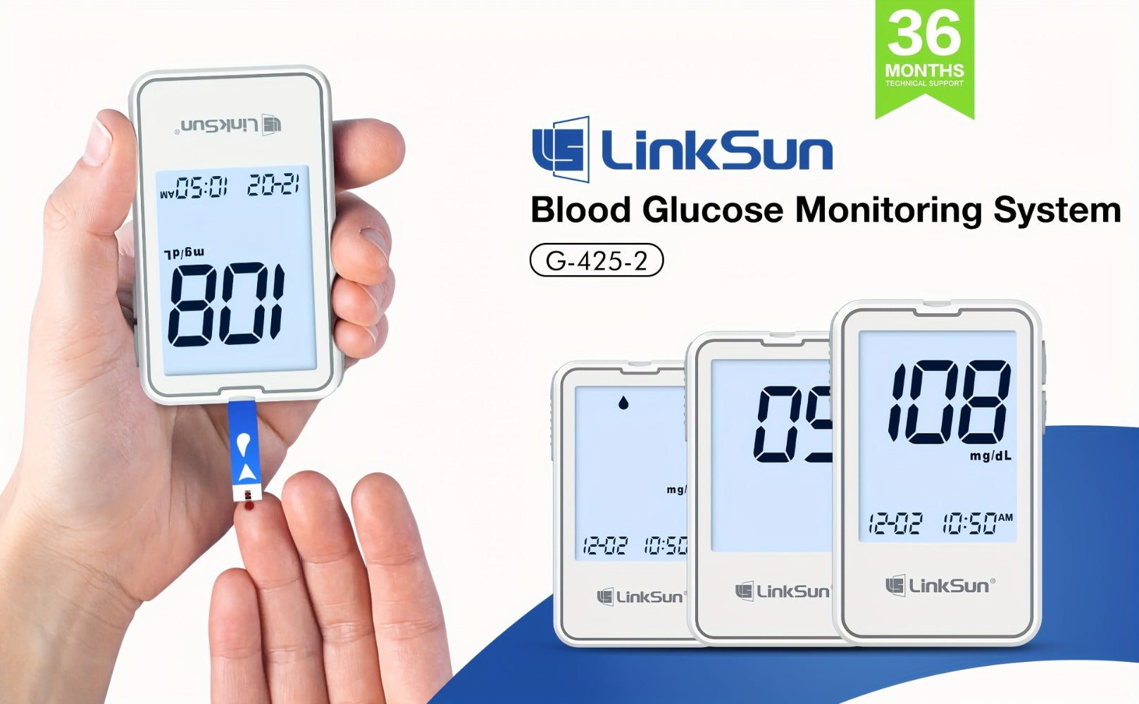 Blood Glucose Monitor Kit with 100 Test Strips & Lancets | Linksun Diabetes Testing Set | Large Display 448 Memory No Coding Glucometer