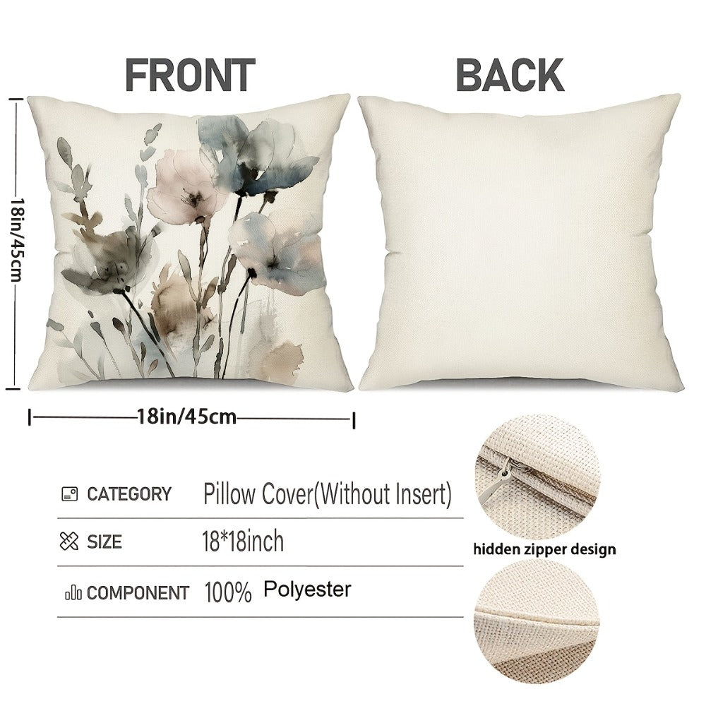 Throw Pillow Covers Set of 4 Boho Poppy Flowers Watercolor Chinoiserie Decorative Cushion Covers 18x18 Inch Soft Farmhouse Pillow Cases for Sofa Bedroom Office Car Home Decor