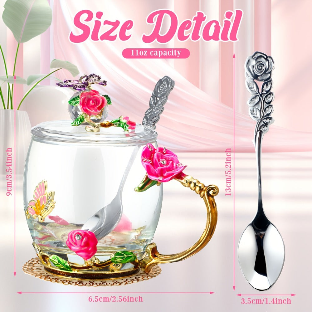 Flower Glass Tea Cups with Lids and Spoon Set of 4 ¨C Butterfly Floral Vintage Clear Glass Mugs 11oz, Fancy Teacup Gift Set for Women Mom Wife Girlfriend, Pink Purple Blue Red