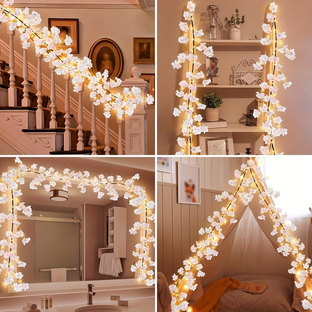 Cherry Blossom Fairy Light Garland 100 LED USB Powered ¨C 180cm Artificial Flower String Lights for Wedding, Christmas, New Year, Spring & Home Wall Decor, Warm White IP45