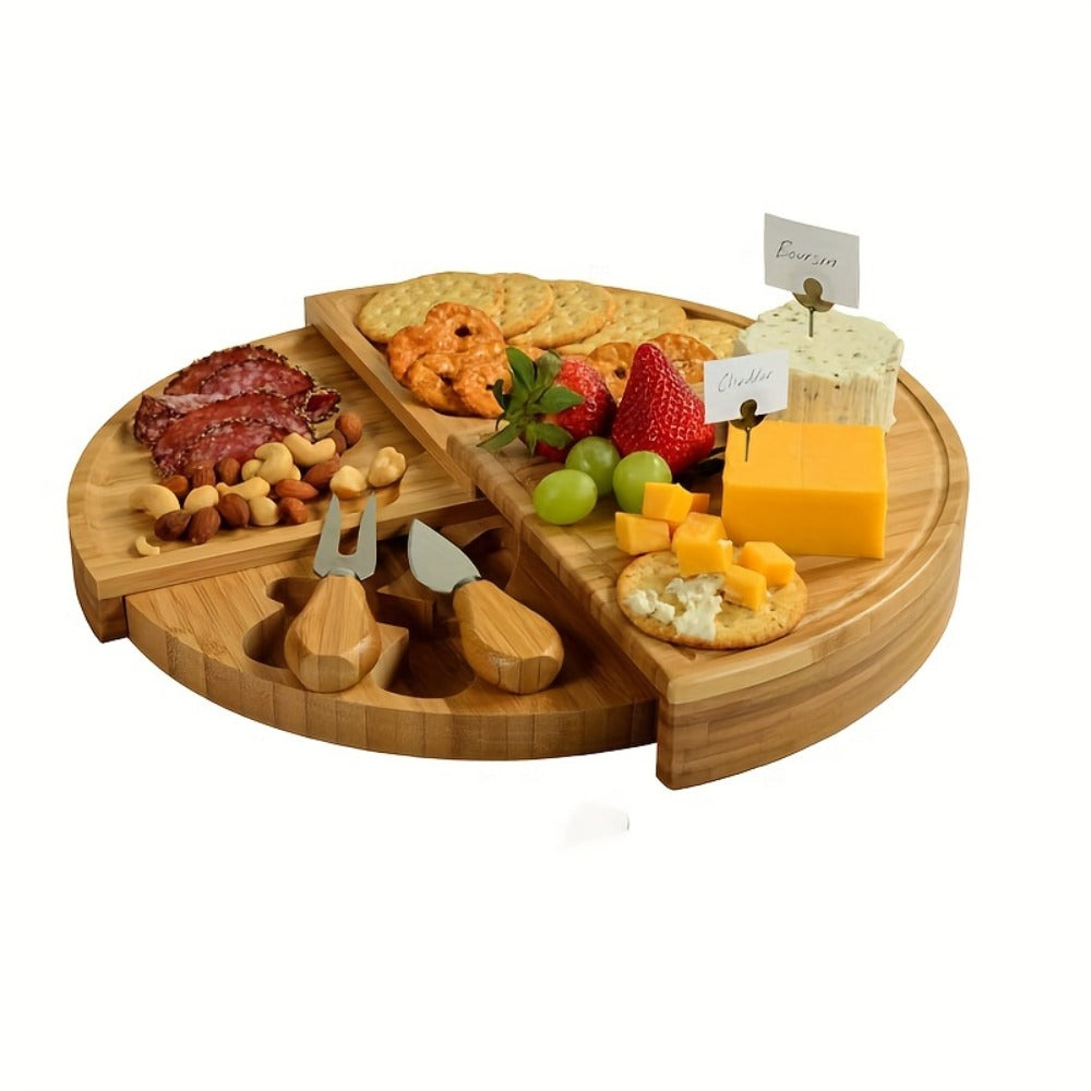 Bamboo Cheese Board Set with 2 Knives - Wood Charcuterie Platter Pizza Board Fruit Snack Serving Tray for Entertaining Housewarming Wedding Gift