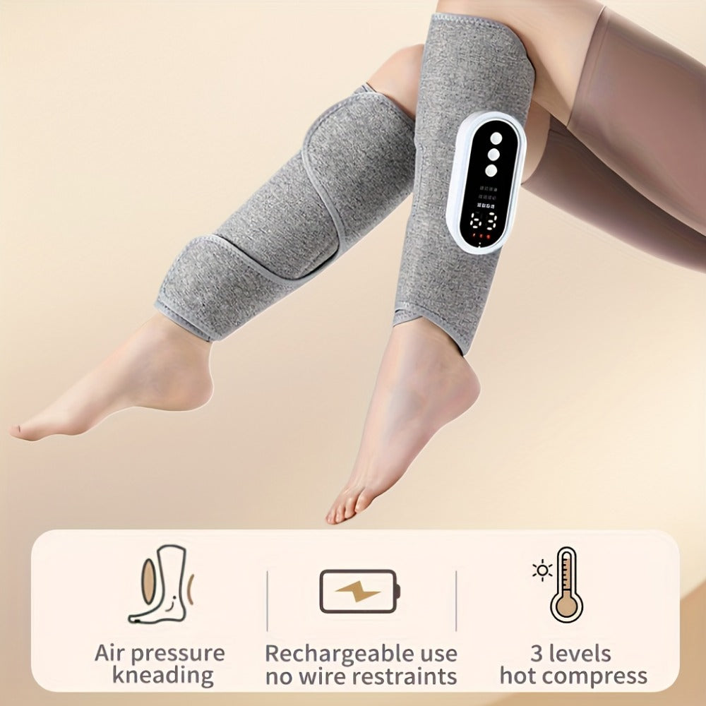 Compression Leg Massager Rechargeable - 2000mAh USB Portable Calf Thigh Knee Massager with 3 Intensity Levels 3 Temperature Settings for Circulation Pain Relief Recovery Holiday Gift Grey