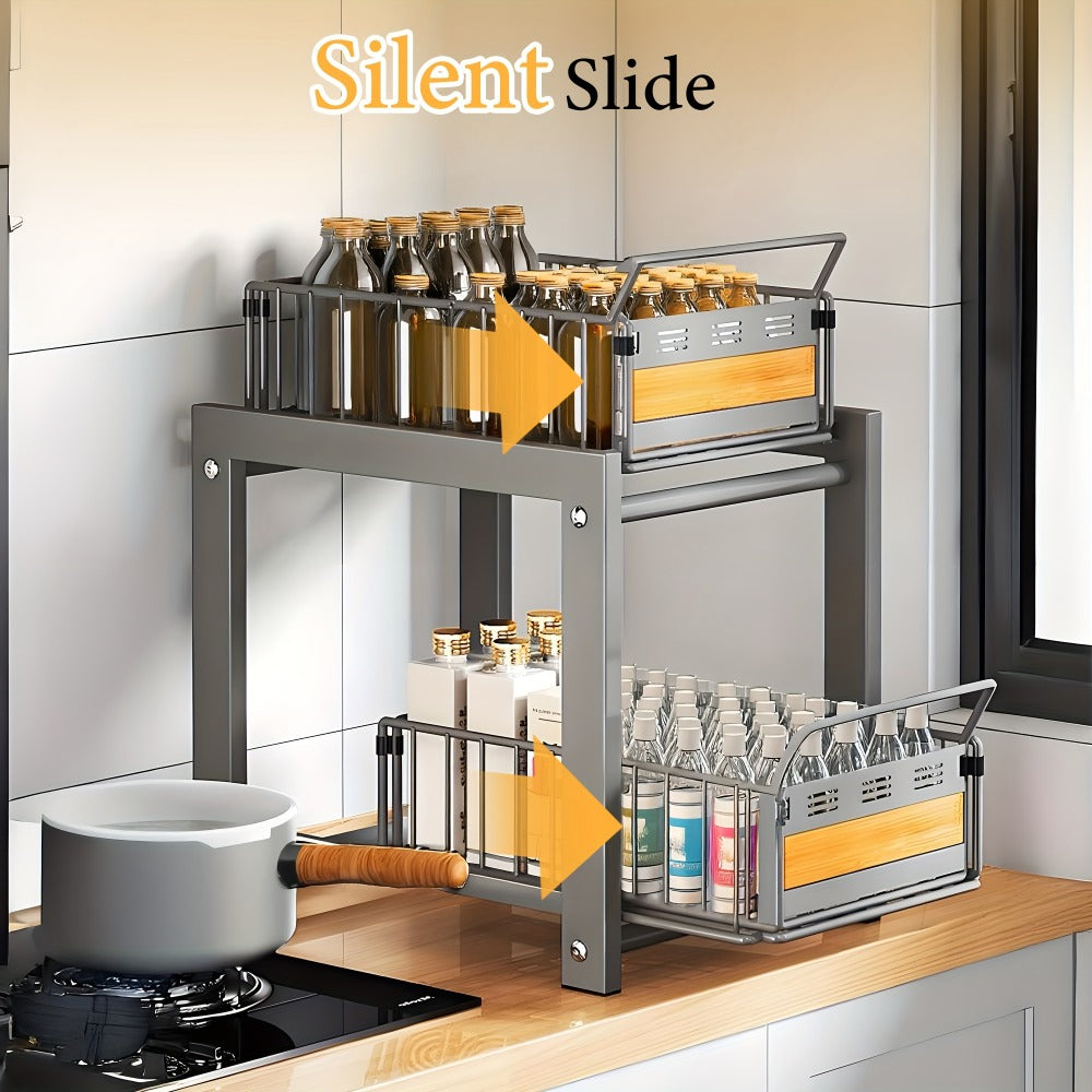 Under Sink Organizer Pull-Out Storage Rack - 2-Tier Carbon Steel Cabinet Shelf with Wire Baskets & Wood Accents, Space-Saving Kitchen Organizer for Dishes, Cleaning Supplies, Pantry, Bathroom