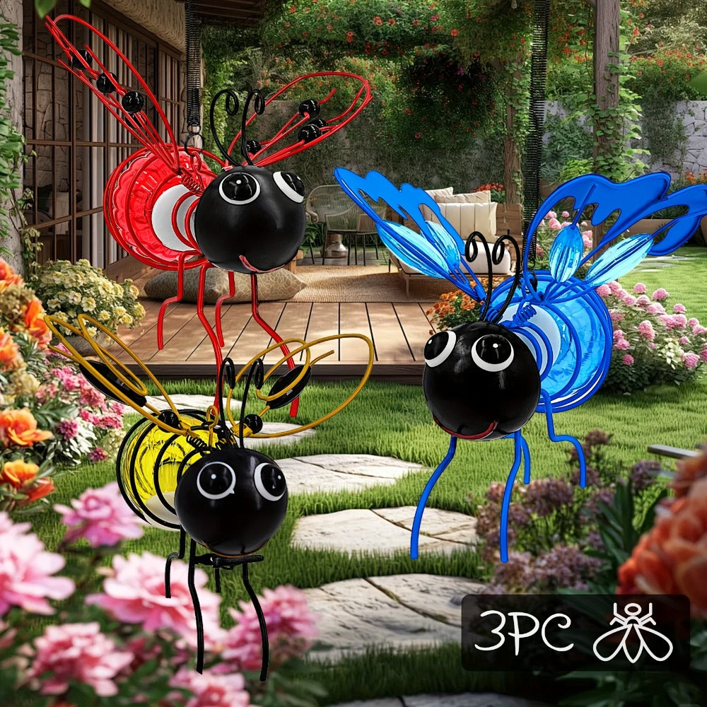 Solar Hanging Bee & Ladybug Lights Set of 3, Metal Decorative Solar Garden Lights ¡ª Outdoor Hanging Decor for Balcony, Garden, Living Room & Flower Shop | Red, Yellow & Blue