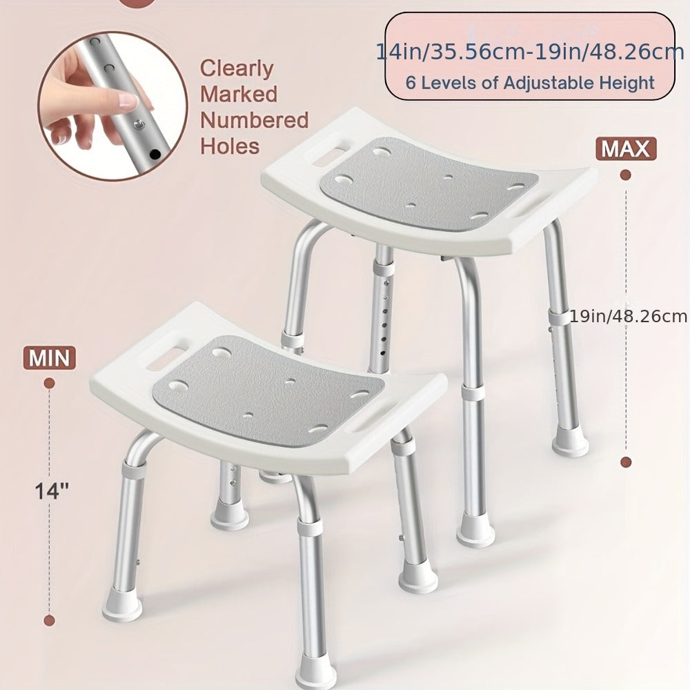 Aluminum Shower Chair 6-Level Adjustable Height Bath Stool Extra Wide Seat Tool-Free Assembly Anti-Slip Feet Lightweight Ergonomic Bath Seat for Elderly Disabled Pregnant Women Post-Surgery Recovery Bathroom Safety White