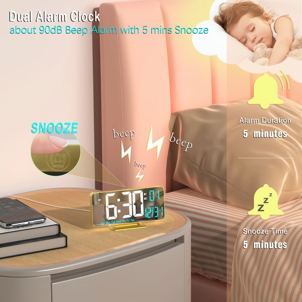 Large Digital Alarm Clock 6.7¡± with Dual Alarm & Dimmable LED Display ¨C USB Powered Desk Clock with Temperature, Date & Day of Week | Modern Golden Bedside Clock for Bedroom, Living Room & Office