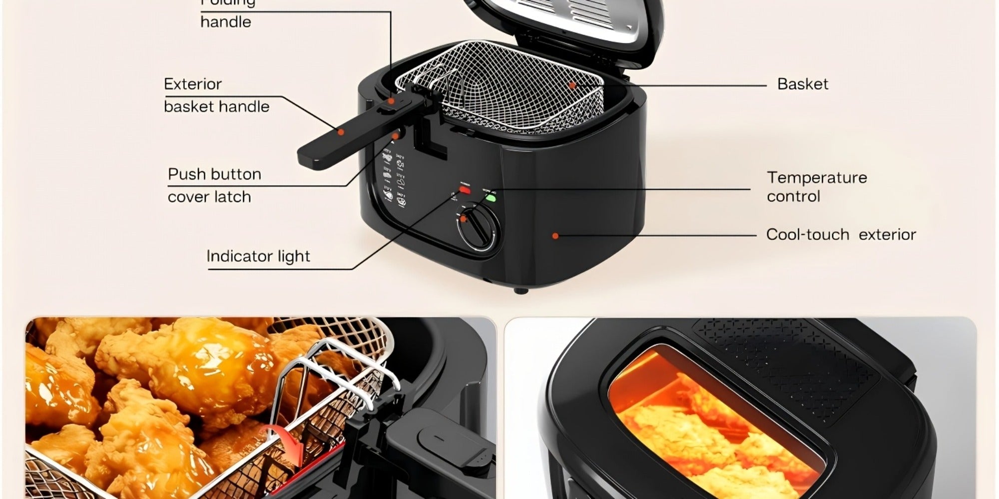 Electric Deep Fryer 1500W ¨C 84.54oz Large Capacity, Adjustable Temperature Control, Non-Stick Basket, Viewing Window, Removable Lid, One-Touch Switch, Easy to Clean, Black & White Options
