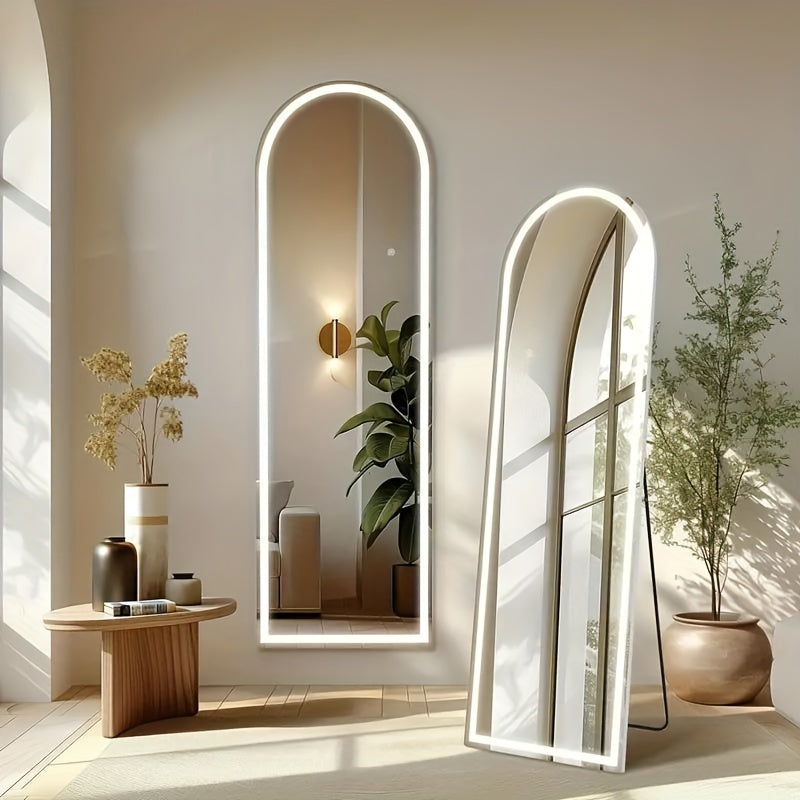 Full Length Mirror Floor Standing with LED Light - Arched & Rect Aluminum Frame Dressing Mirror for Bedroom Living Room, Black/Golden/White