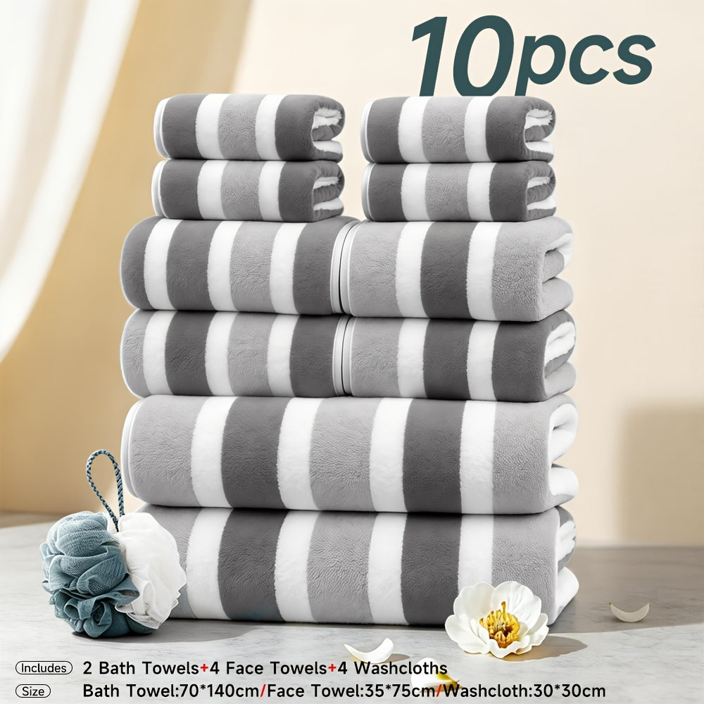 Microfiber Towel Set No Hair Loss Five-Star Hotel Standard - Ultra Soft 100% Polyester Two-Color Striped | 10pcs 3pcs 1pc | Green Brown Gray Red Blue | Bath Face Hand Towels with Bath Ball
