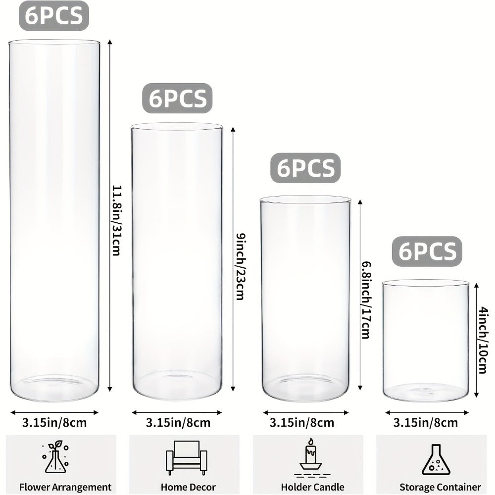 Glass Cylinder Vases Set 12 or 24pcs Clear Tall Flower Vase Candle Holder 4 Sizes for Wedding Centerpieces Home Decor Party Table Decoration DIY Candle Making