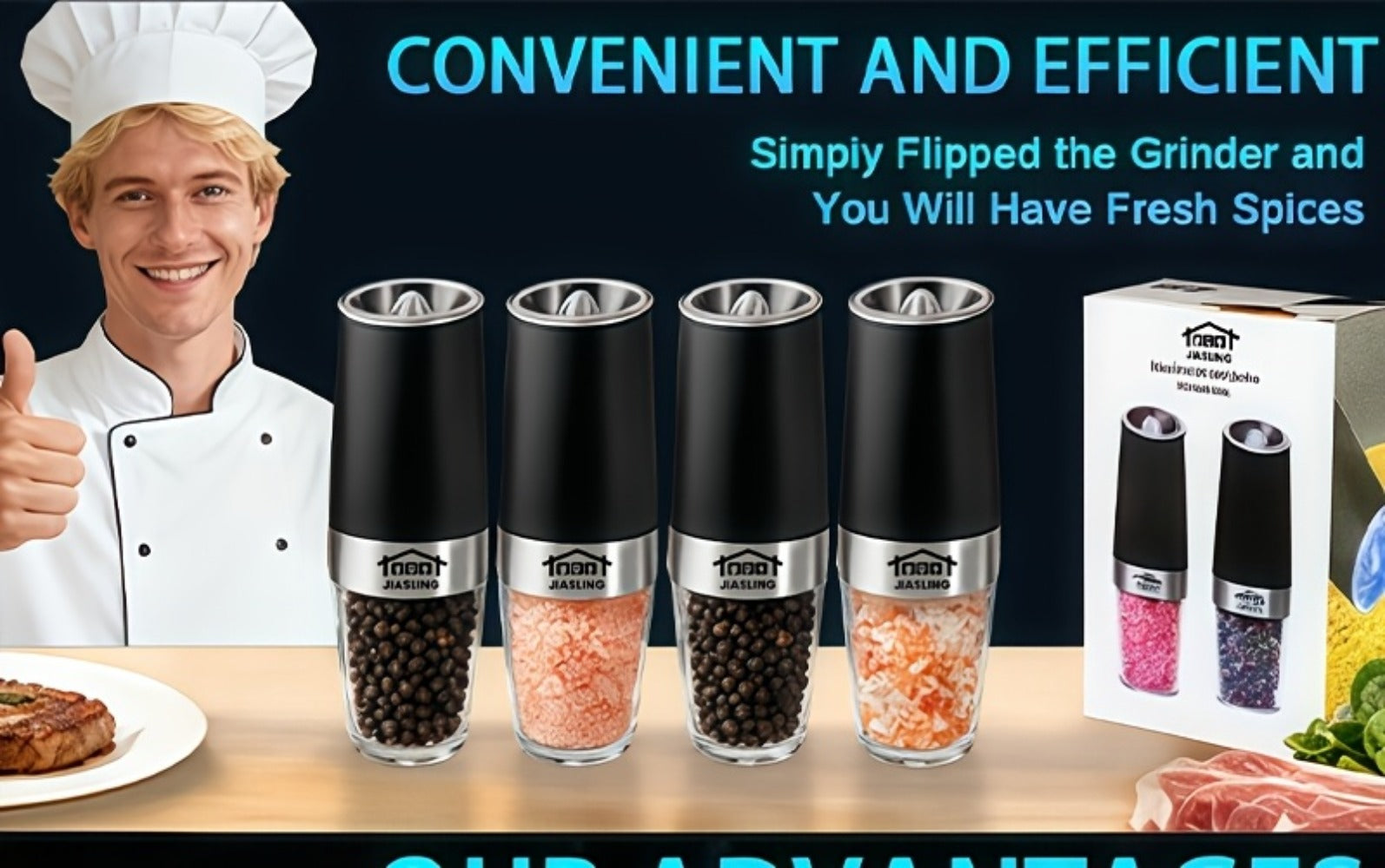 Electric Salt and Pepper Grinder Set 2PCS ¨C Battery-Powered, LED Light, One-Handed Automatic Operation, Adjustable Coarseness