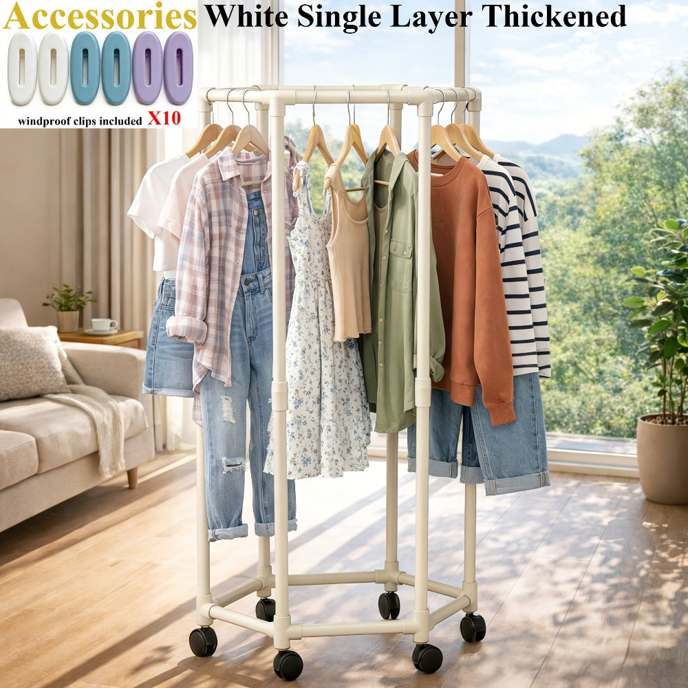 Rolling Hexagon Clothes Drying Rack 1 or 2 Layer ¨C Sturdy Metal Floor Stand with Wheels, Multi-Bar & 10 Clips, Portable Laundry Rack for Bedroom, Balcony & Dorm