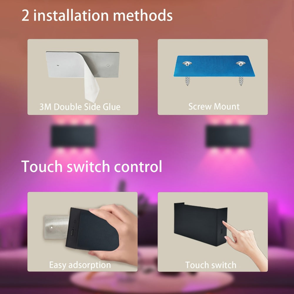 RGB Wall Light 2 Pack Battery Powered - Seven Color Gradient Dimming Night Light with Touch Switch | Festive Atmosphere Lamp for Bedroom, Hallway & Living Room Decoration